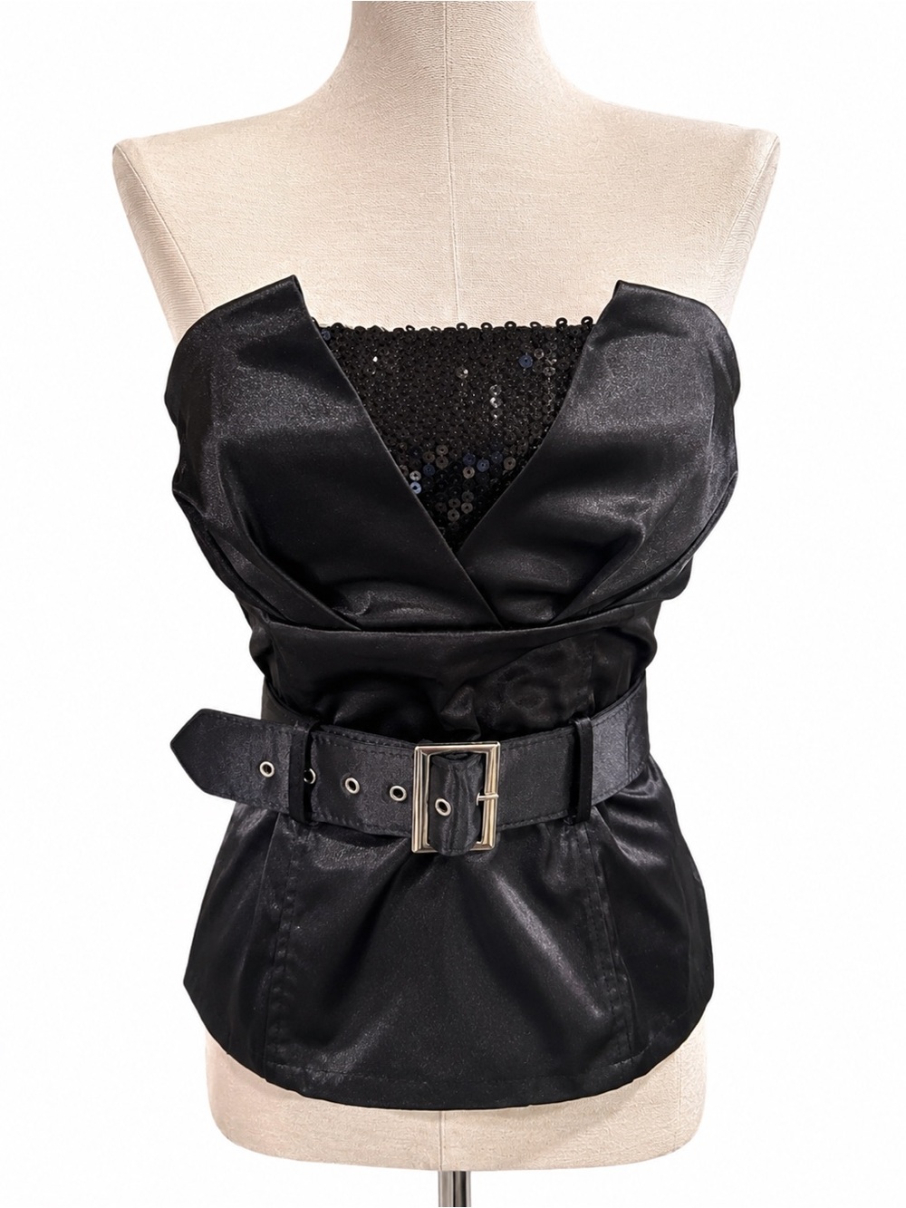 Papaya Black Satin Strapless Top with Wide Waist Belt with Silver-Tone Buckle